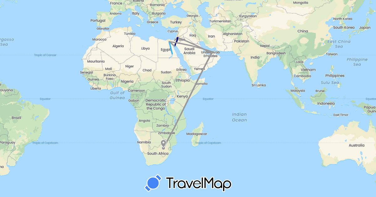 TravelMap itinerary: driving, plane, train, boat in United Arab Emirates, Egypt, Israel, Jordan, South Africa (Africa, Asia)